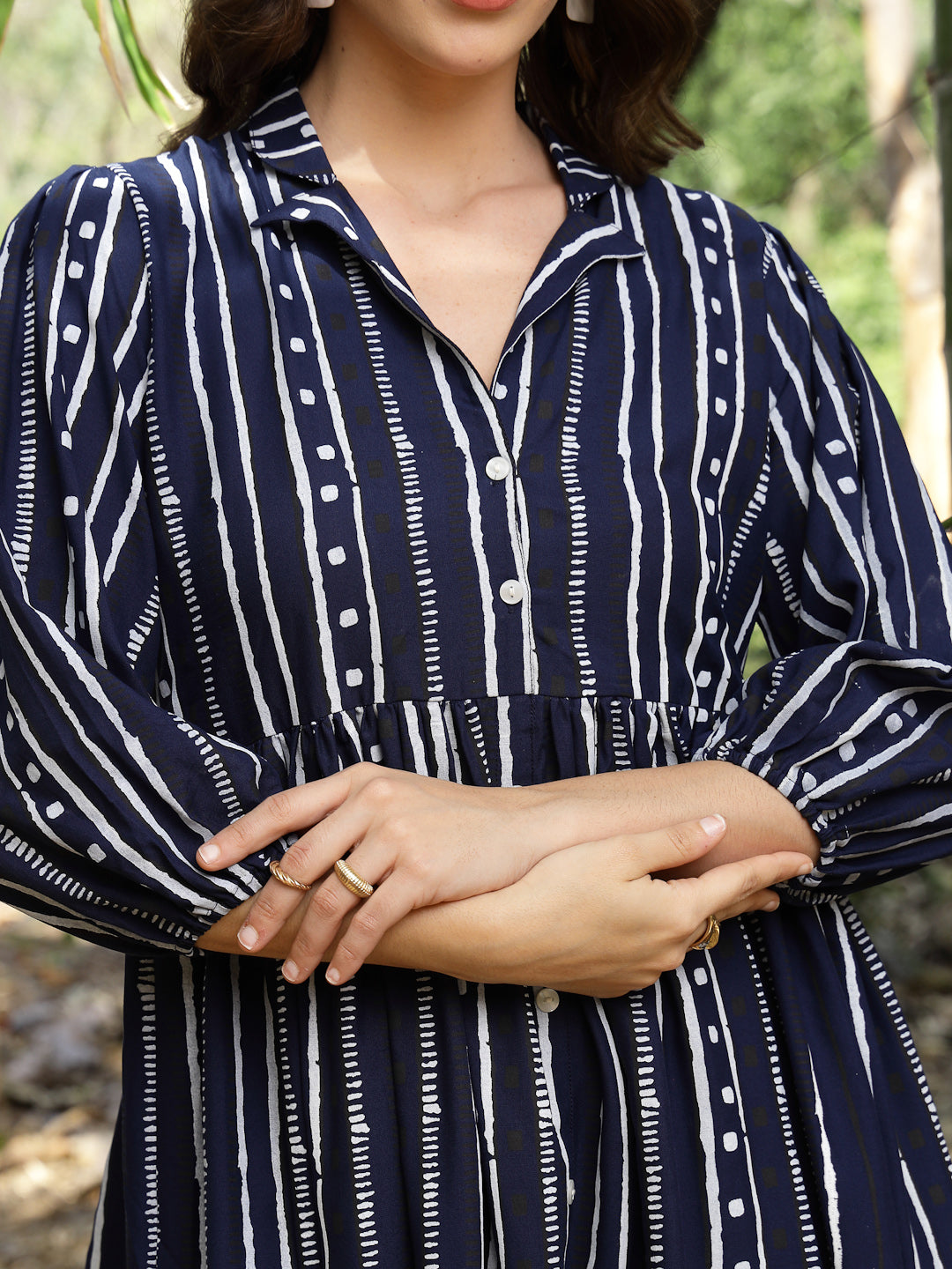 Blue-Rayon-Striped-Khari-Printed-A-Line-Dress