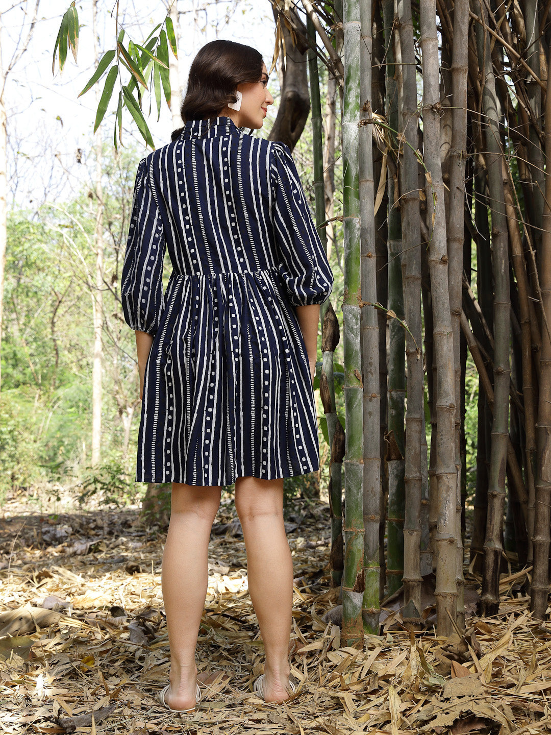 Blue-Rayon-Striped-Khari-Printed-A-Line-Dress