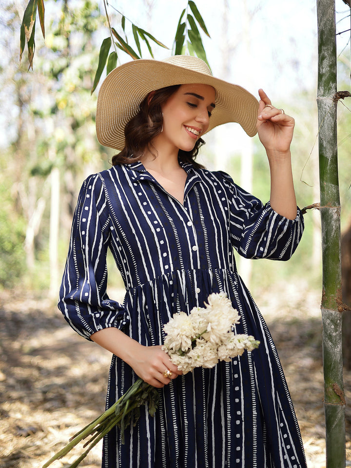 Blue-Rayon-Striped-Khari-Printed-A-Line-Dress