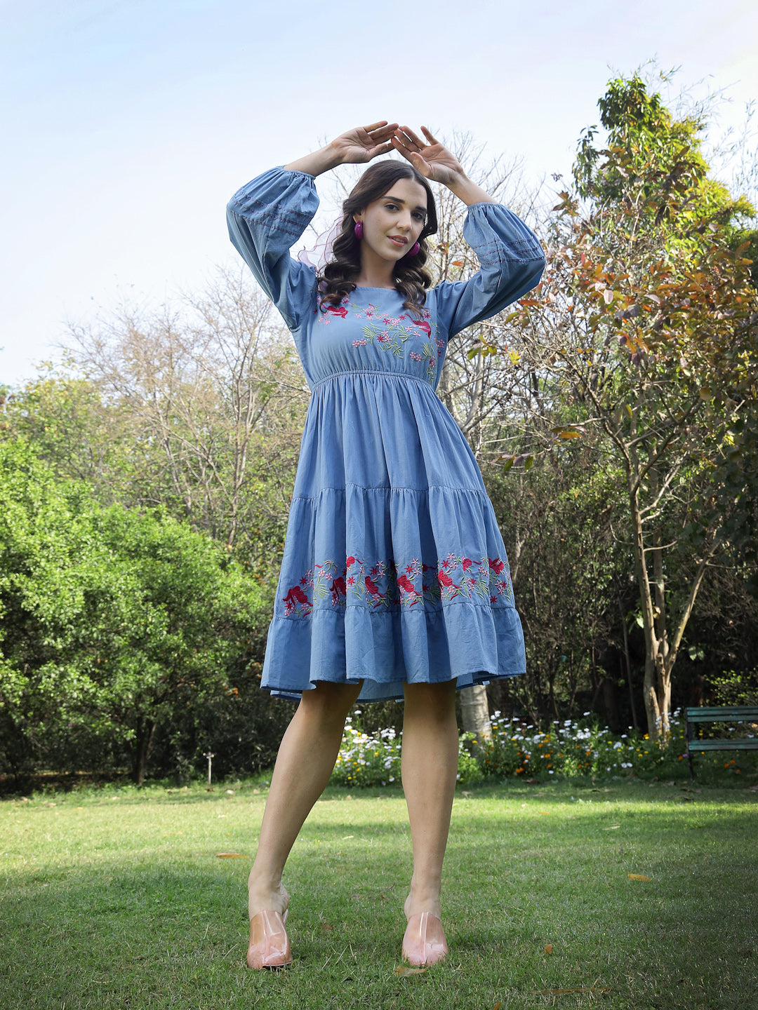 Blue Solid & Embroidered Cotton Tiered Dress