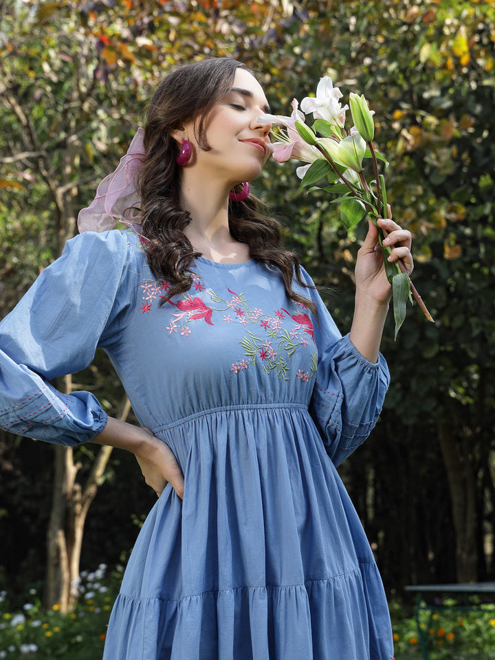 Blue Solid & Embroidered Cotton Tiered Dress