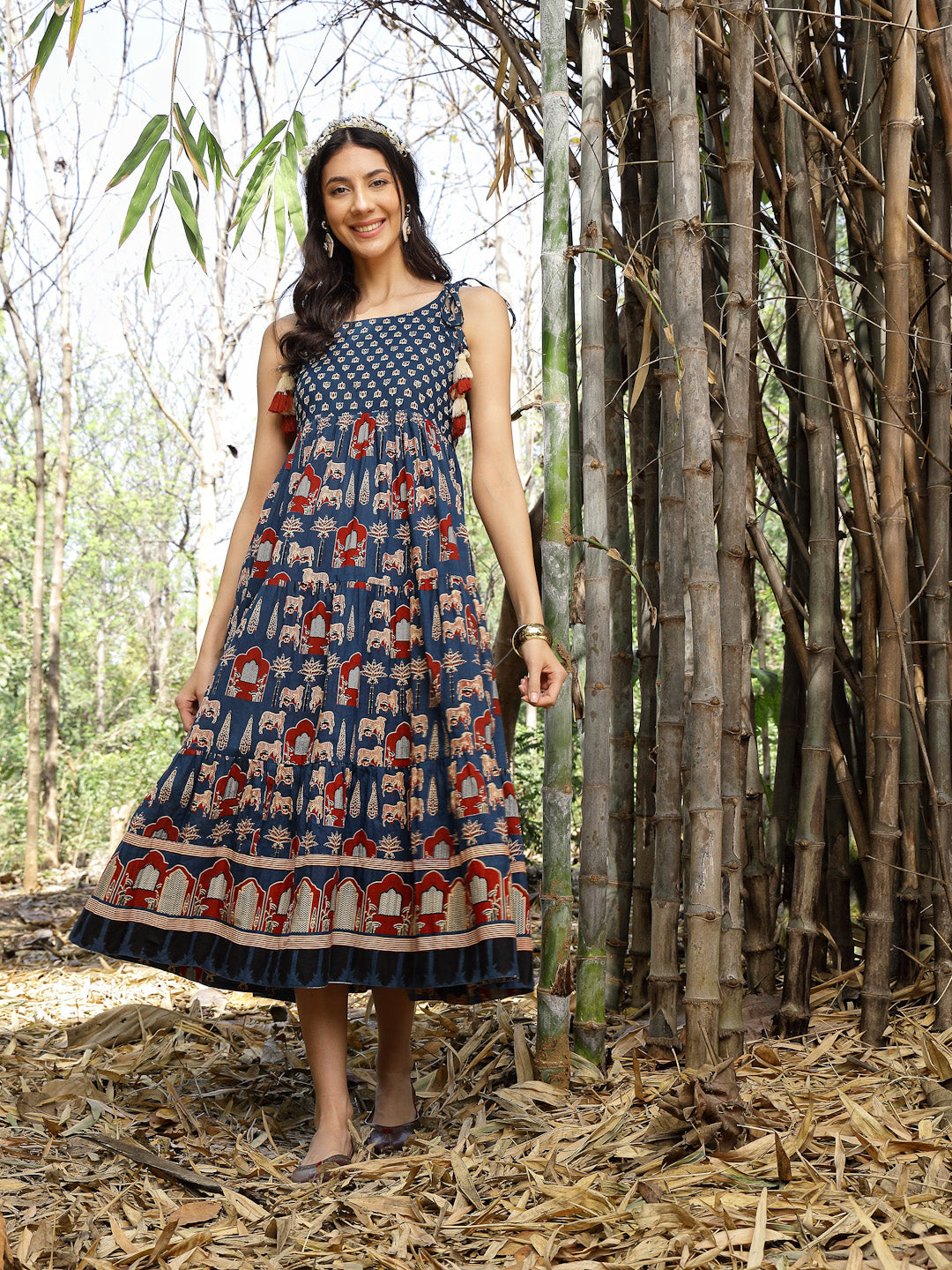 Blue-Cotton-Ethnic-Printed-Maxi-Dress