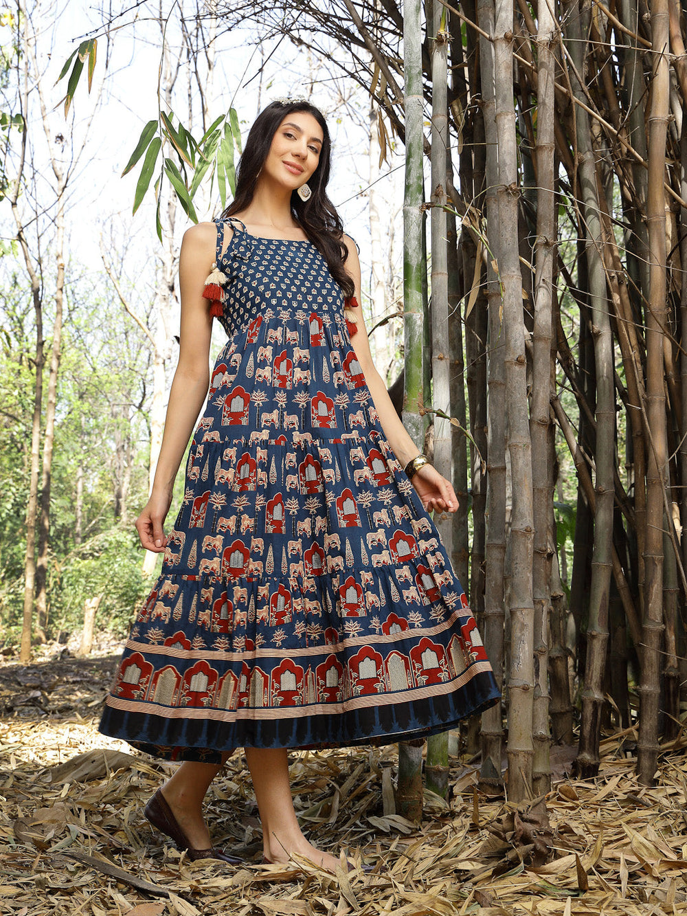 Blue-Cotton-Ethnic-Printed-Maxi-Dress