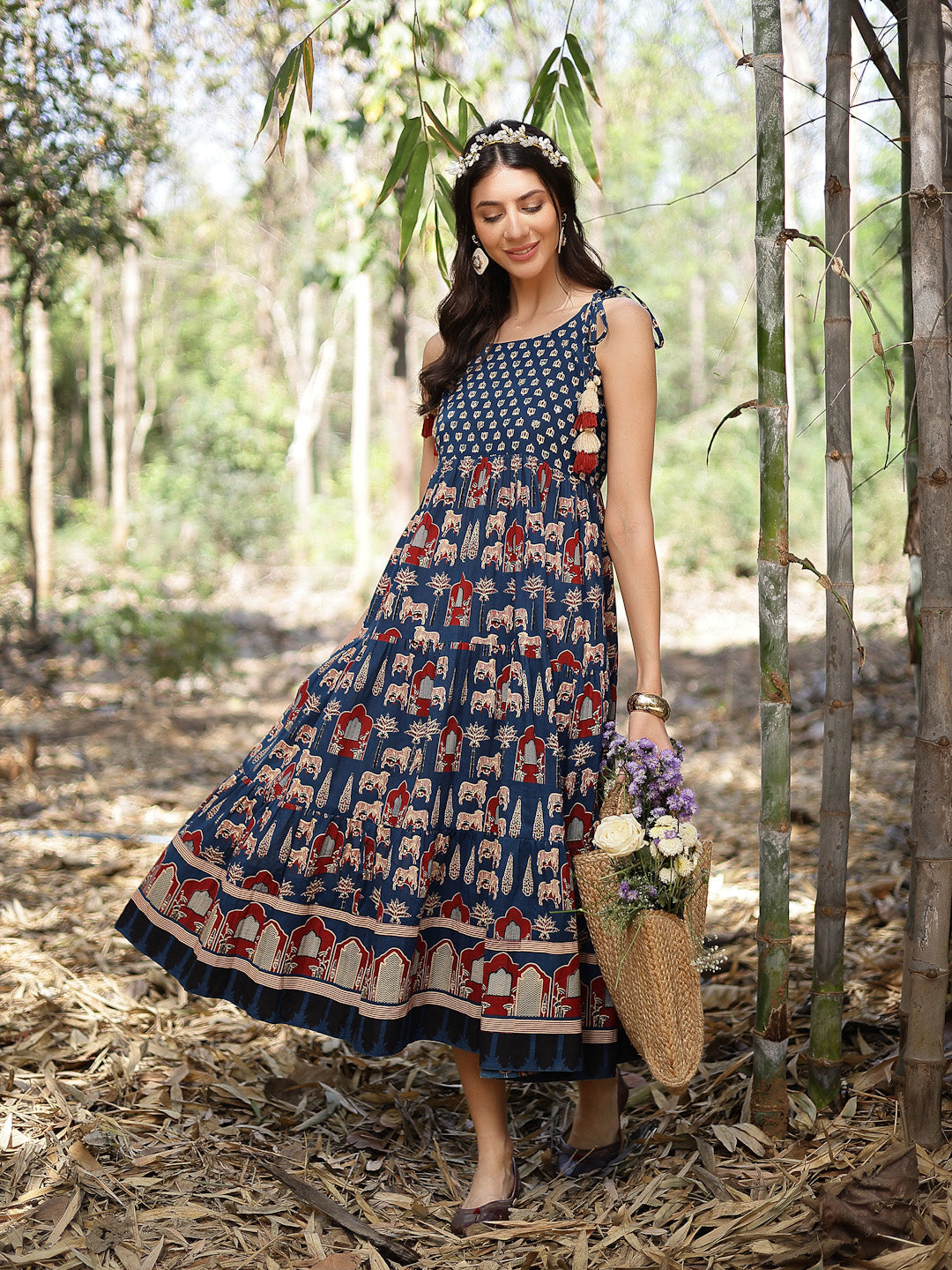 Blue-Cotton-Ethnic-Printed-Maxi-Dress