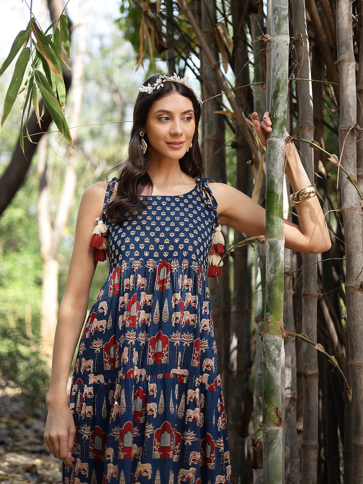 Blue-Cotton-Ethnic-Printed-Maxi-Dress