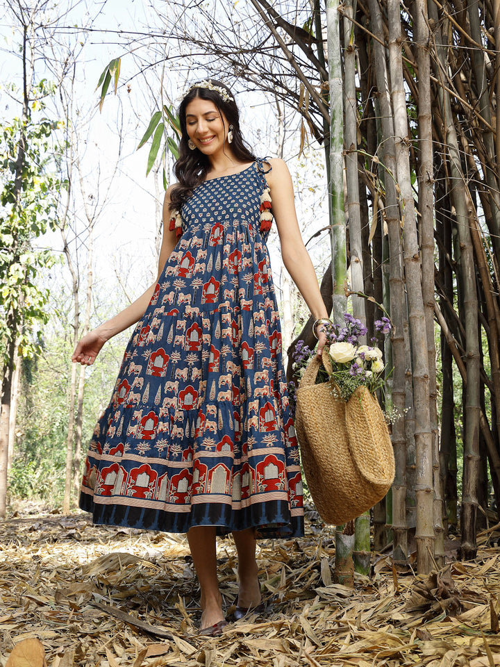 Blue-Cotton-Ethnic-Printed-Maxi-Dress