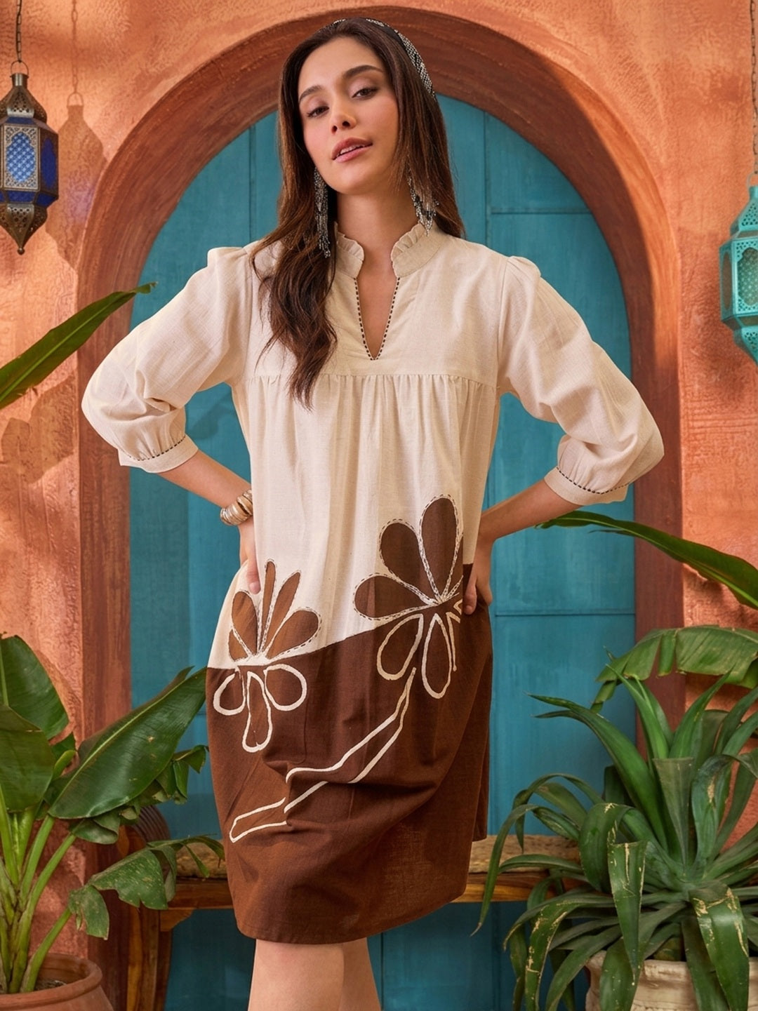 Brown Solid Cotton A-Line Dress