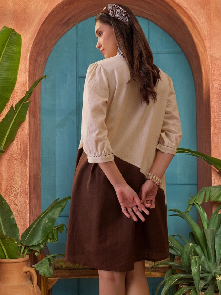 Brown Solid Cotton A-Line Dress