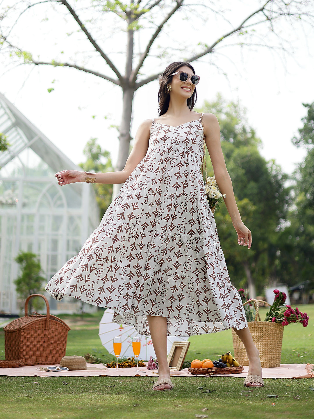 Brown Printed Cotton Flared Dress