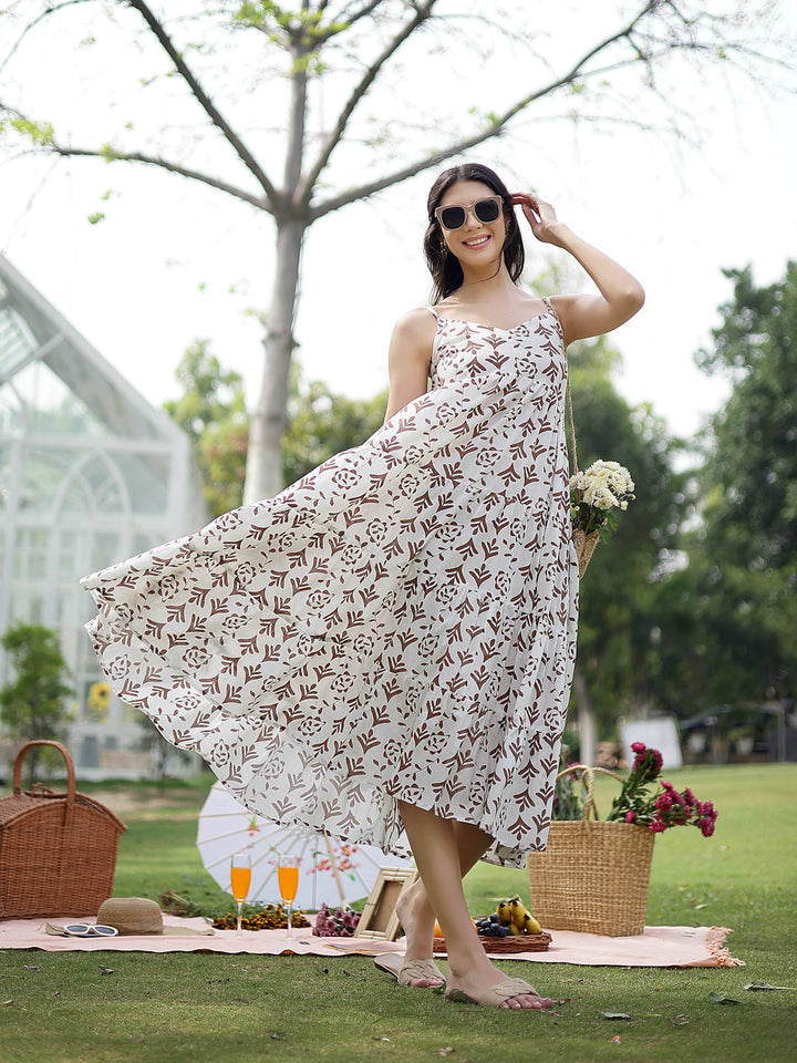 Brown Printed Cotton Flared Dress