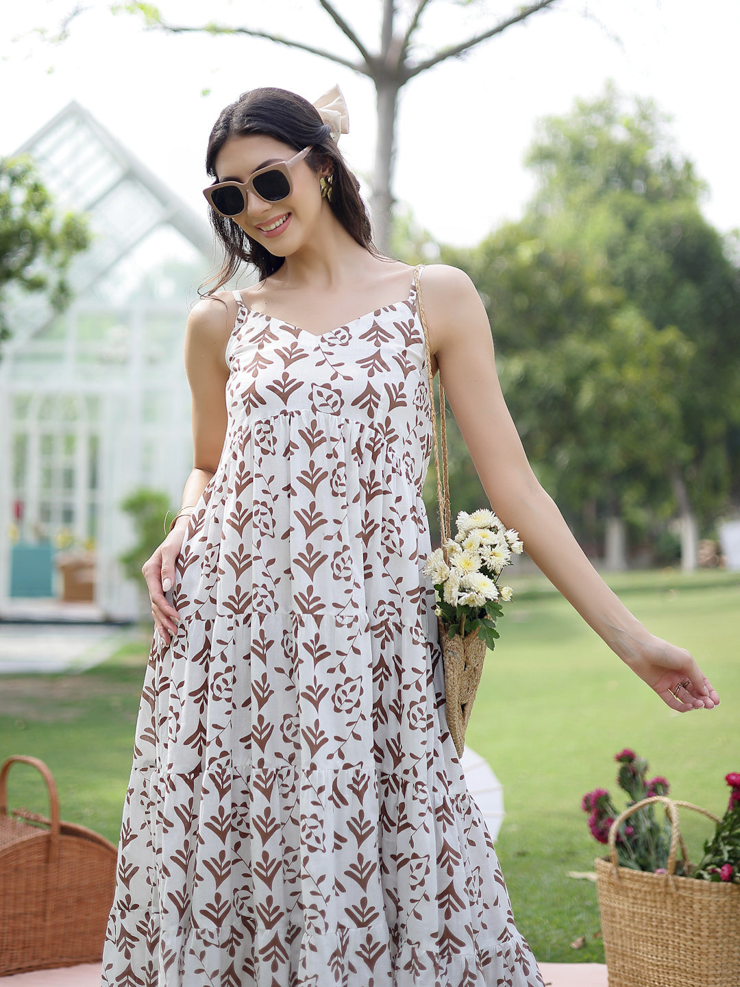 Brown Printed Cotton Flared Dress