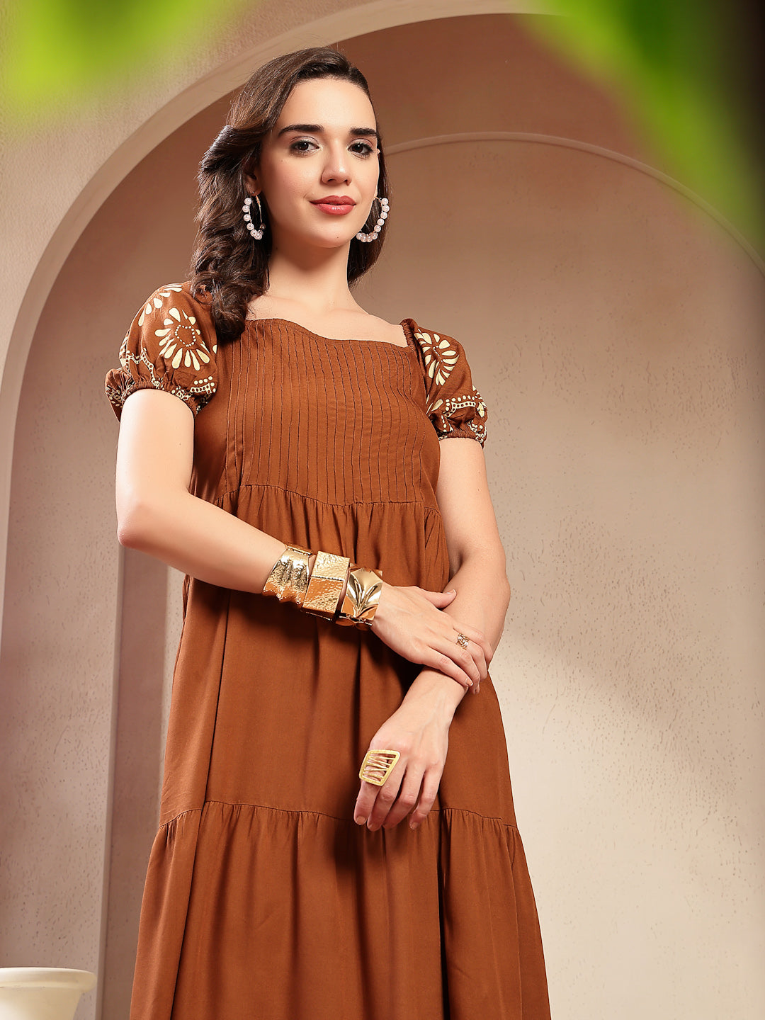 Brown Solid Rayon Tiered Dress