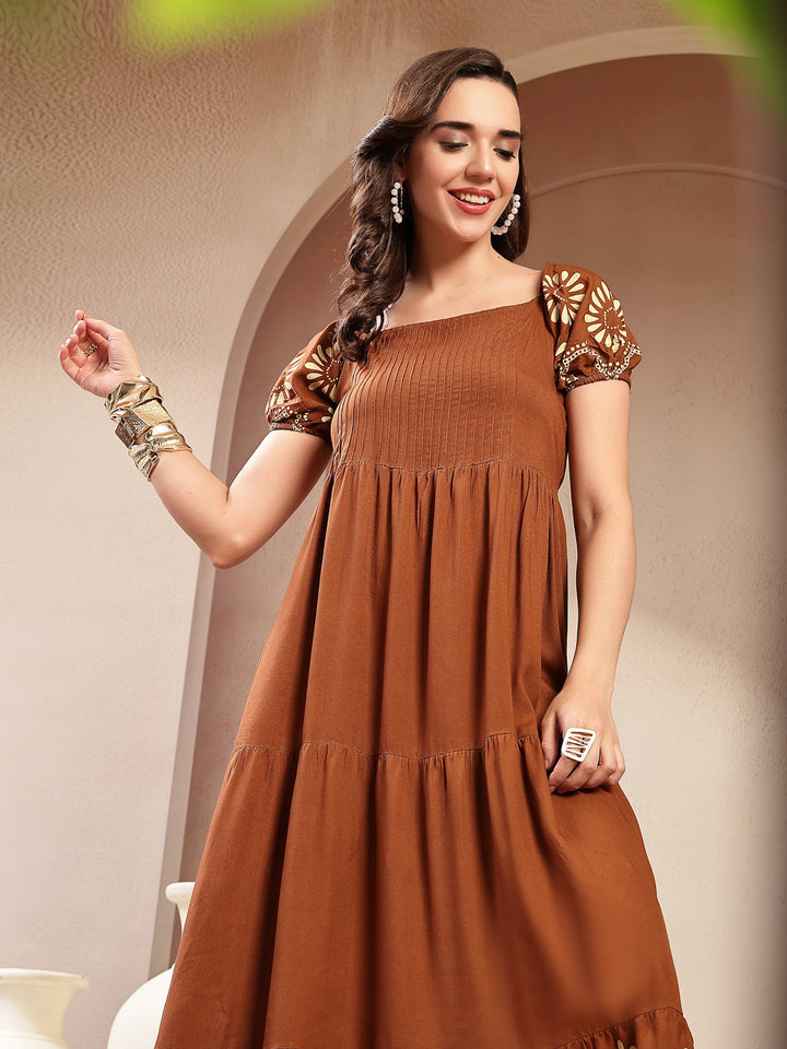 Brown Solid Rayon Tiered Dress