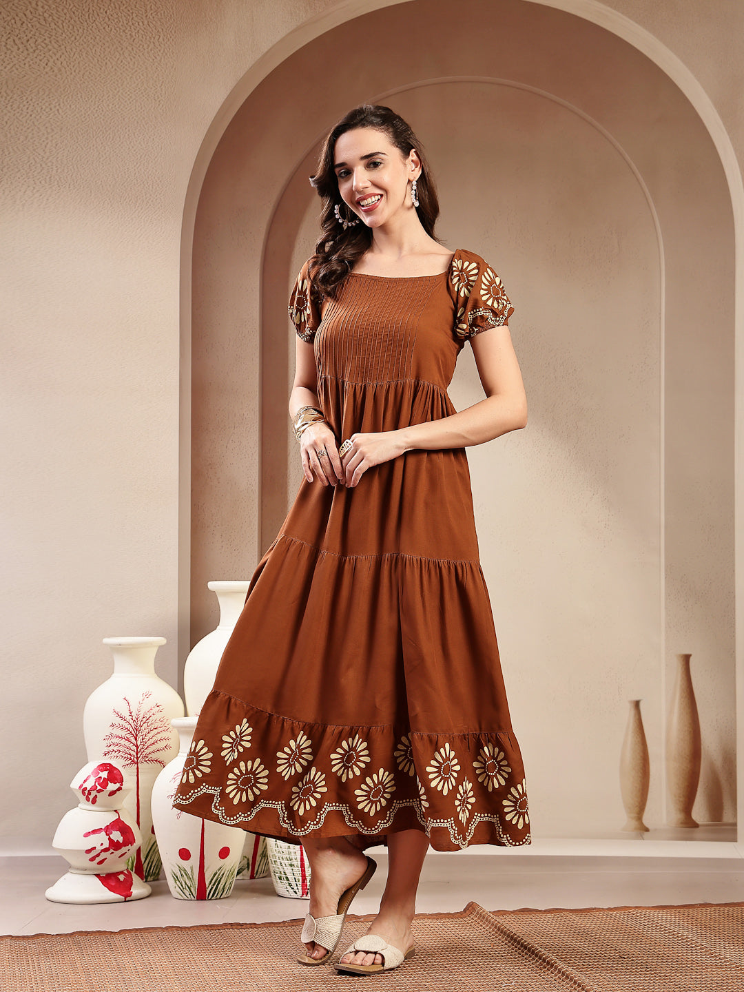 Brown Solid Rayon Tiered Dress