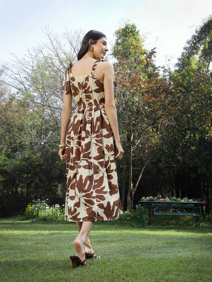 Brown-Cotton-Floral-Printed-A-Line-Midi-Dress