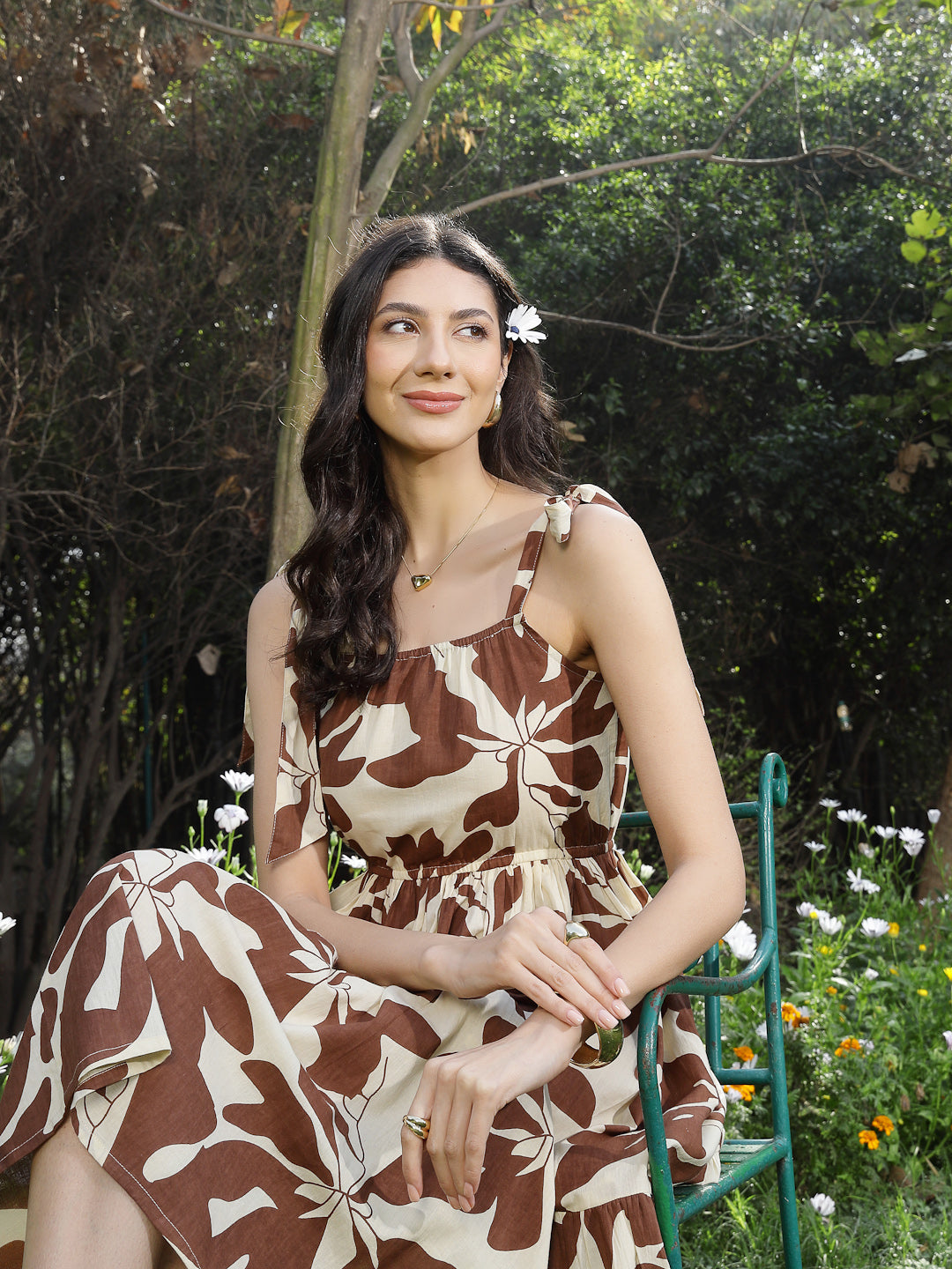 Brown-Cotton-Floral-Printed-A-Line-Midi-Dress