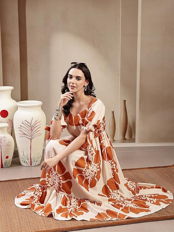 Brown Floral Printed Rayon Tiered Dress