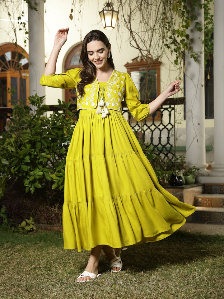Corn-Rayon-Solid-&-Embroidered-Tiered-Dress-With-Jacket