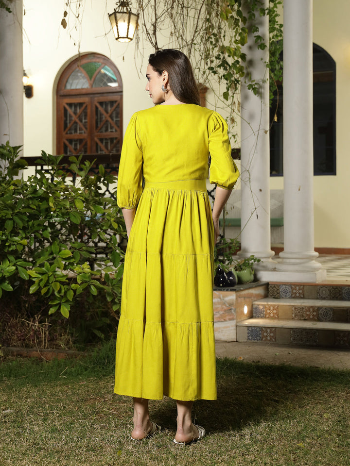 Corn-Rayon-Solid-&-Embroidered-Tiered-Dress-With-Jacket