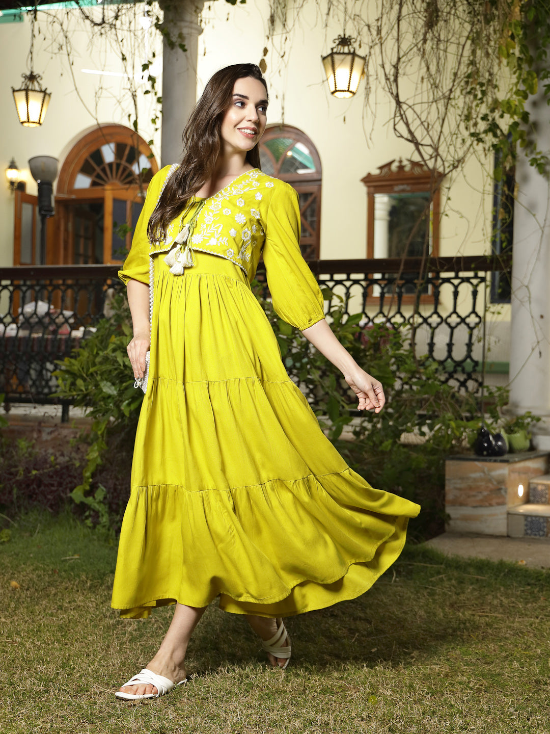 Corn-Rayon-Solid-&-Embroidered-Tiered-Dress-With-Jacket