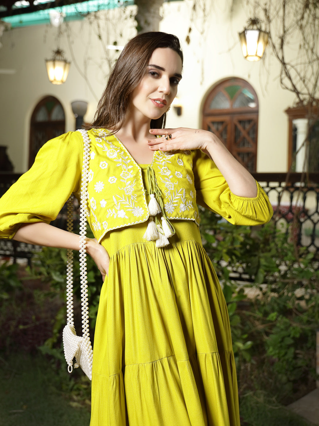 Corn-Rayon-Solid-&-Embroidered-Tiered-Dress-With-Jacket