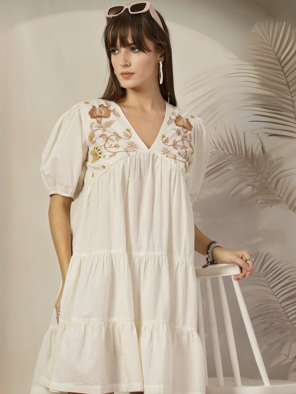 Cream-Cotton-Solid-&-Embroidered-Flared-Mini-Dress