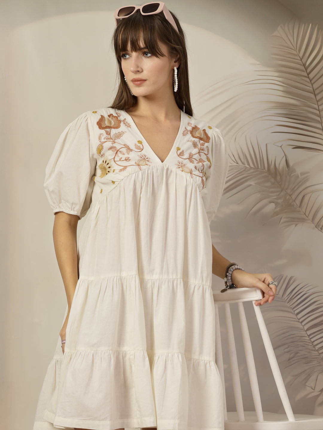 Cream-Cotton-Solid-&-Embroidered-Flared-Mini-Dress