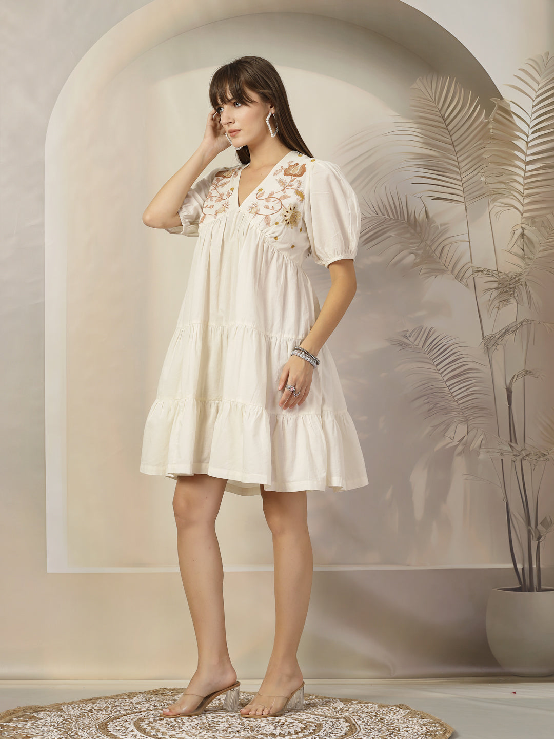 Cream-Cotton-Solid-&-Embroidered-Flared-Mini-Dress