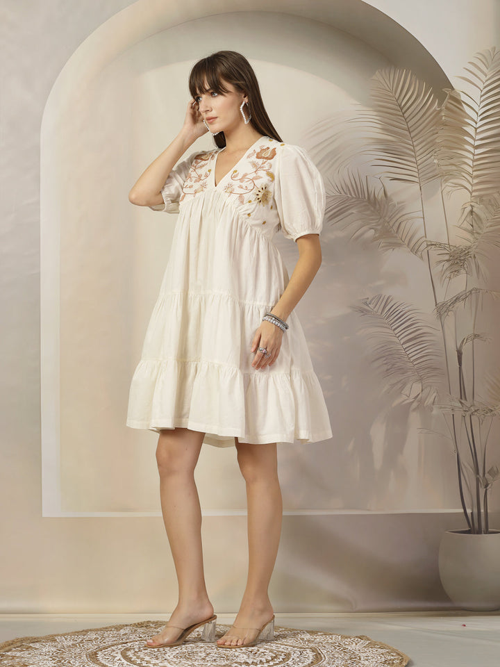 Cream-Cotton-Solid-&-Embroidered-Flared-Mini-Dress