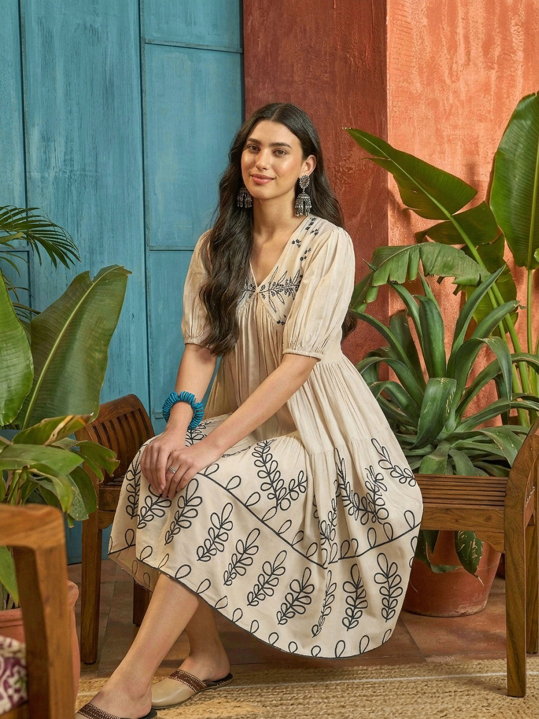 Cream Solid & Embroidered Rayon Empire Dress
