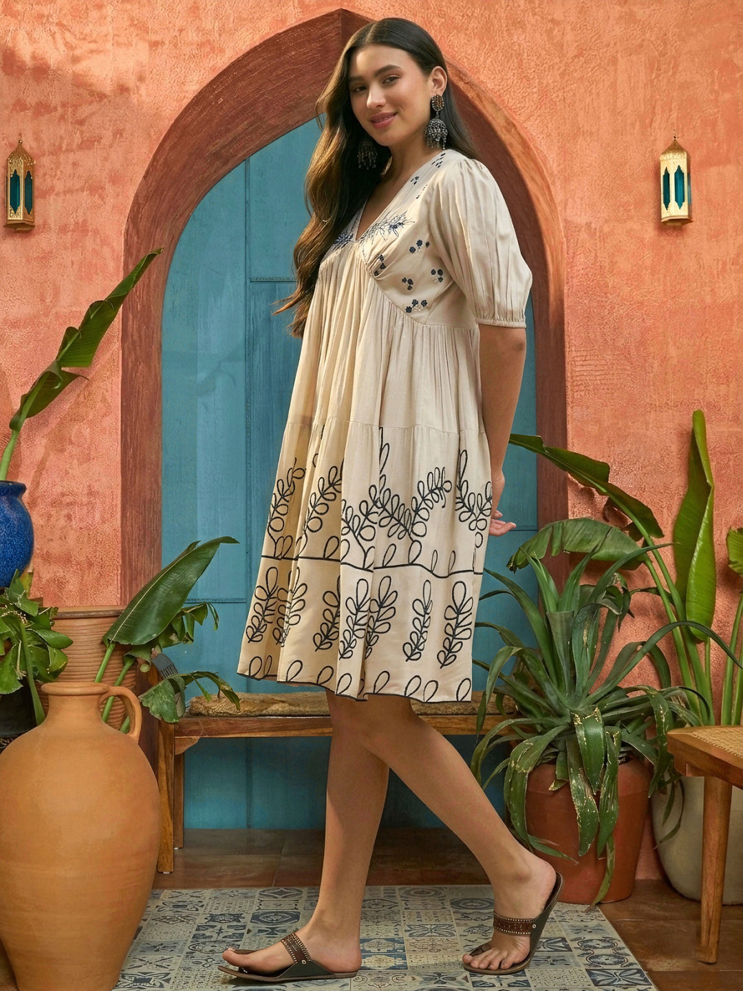 Cream Solid & Embroidered Rayon Empire Dress