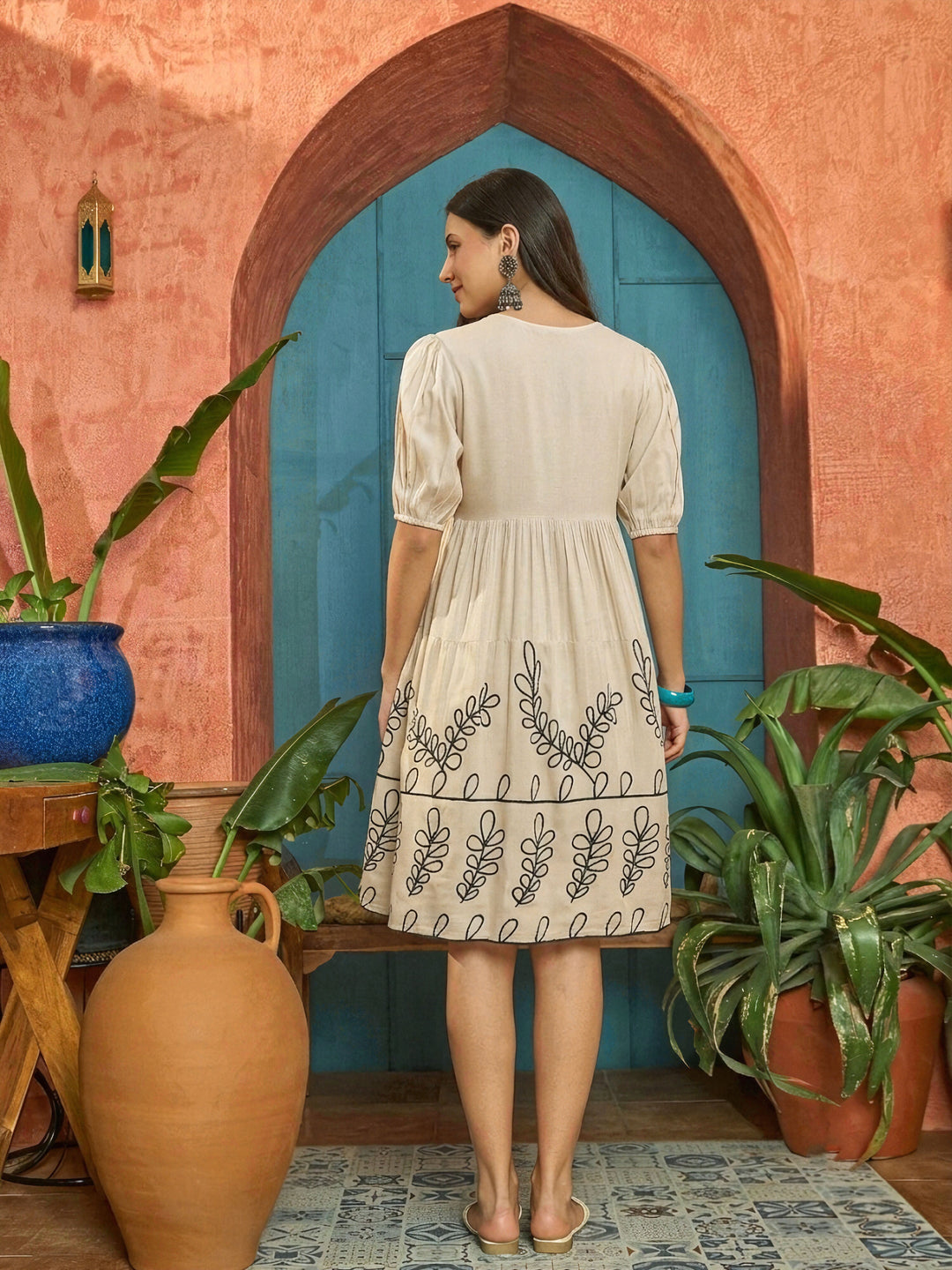Cream Solid & Embroidered Rayon Empire Dress