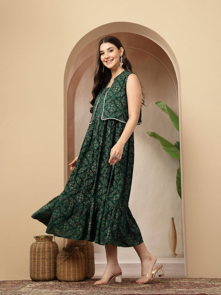 Styum Green Bandhej Printed Rayon Tiered Dress With Ethnic Jacket
