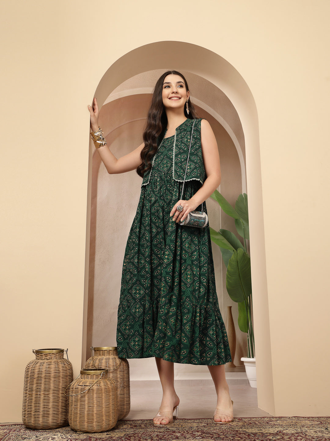 Styum Green Bandhej Printed Rayon Tiered Dress With Ethnic Jacket
