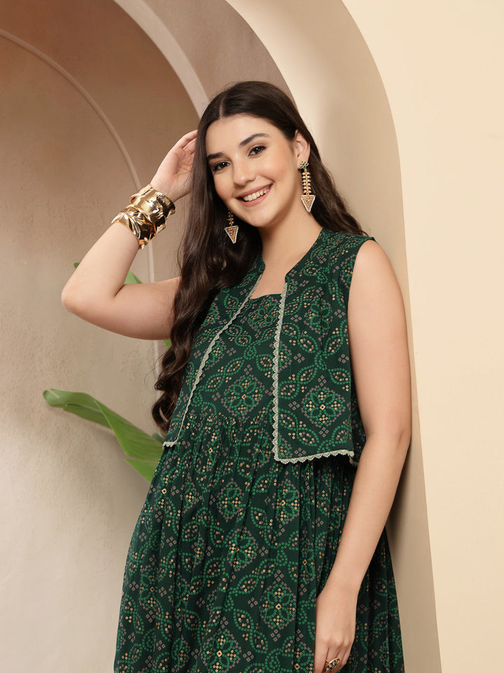 Styum Green Bandhej Printed Rayon Tiered Dress With Ethnic Jacket