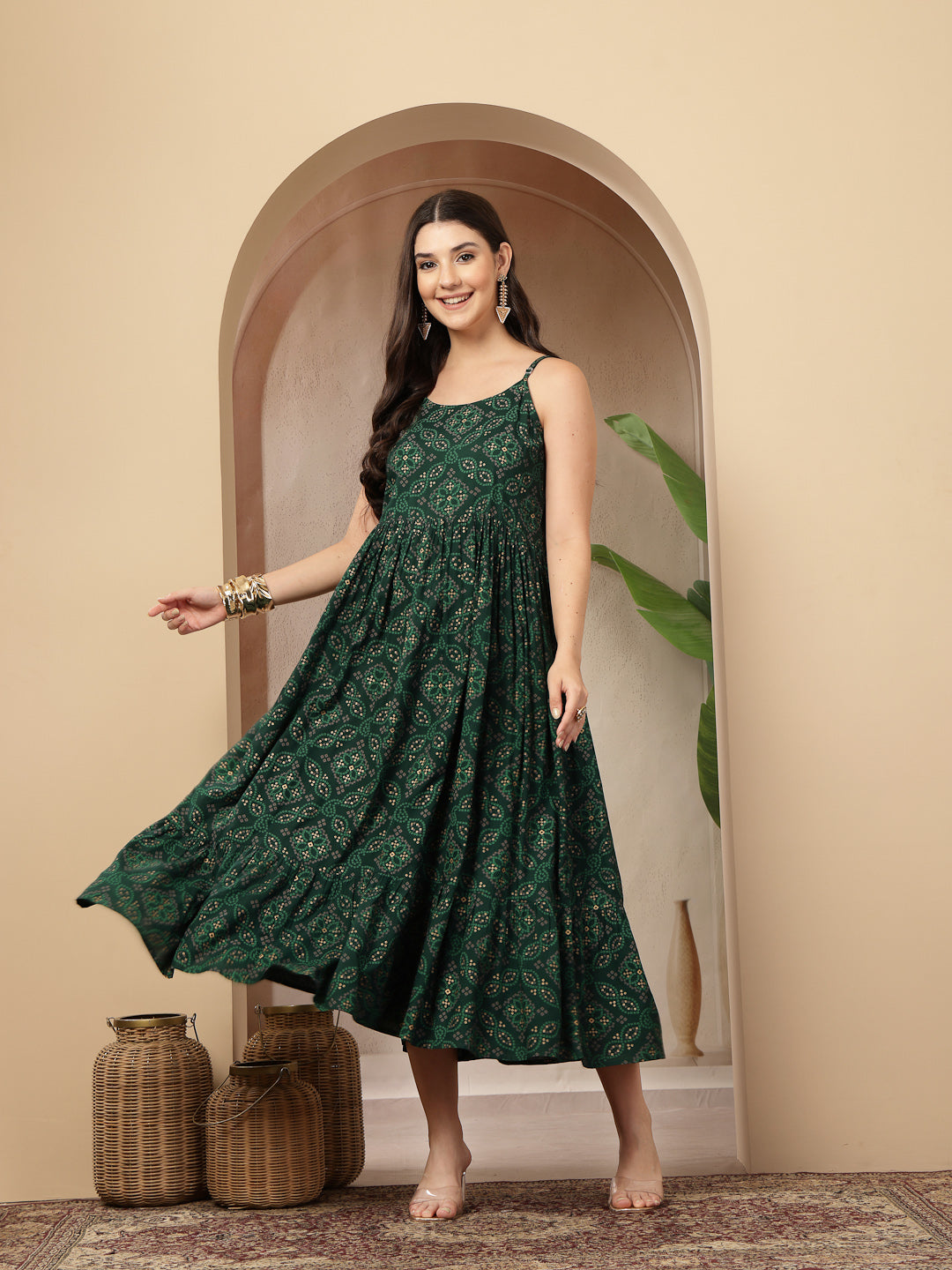 Styum Green Bandhej Printed Rayon Tiered Dress With Ethnic Jacket