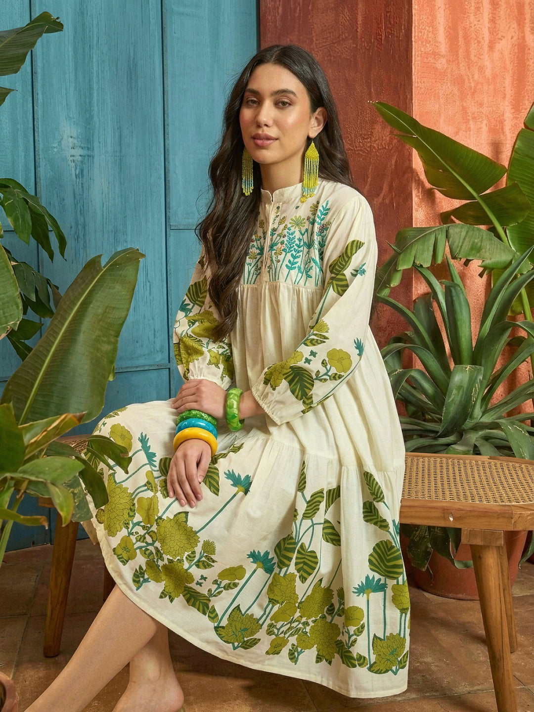 Green Solid Embroidered Rayon Tiered Dress