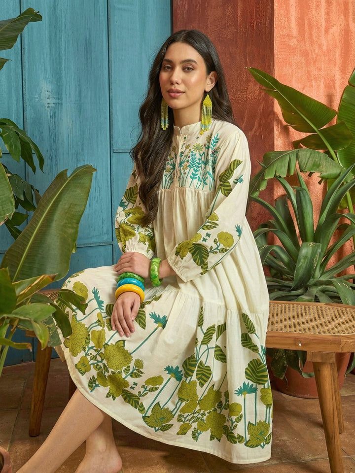 Green Solid Embroidered Rayon Tiered Dress