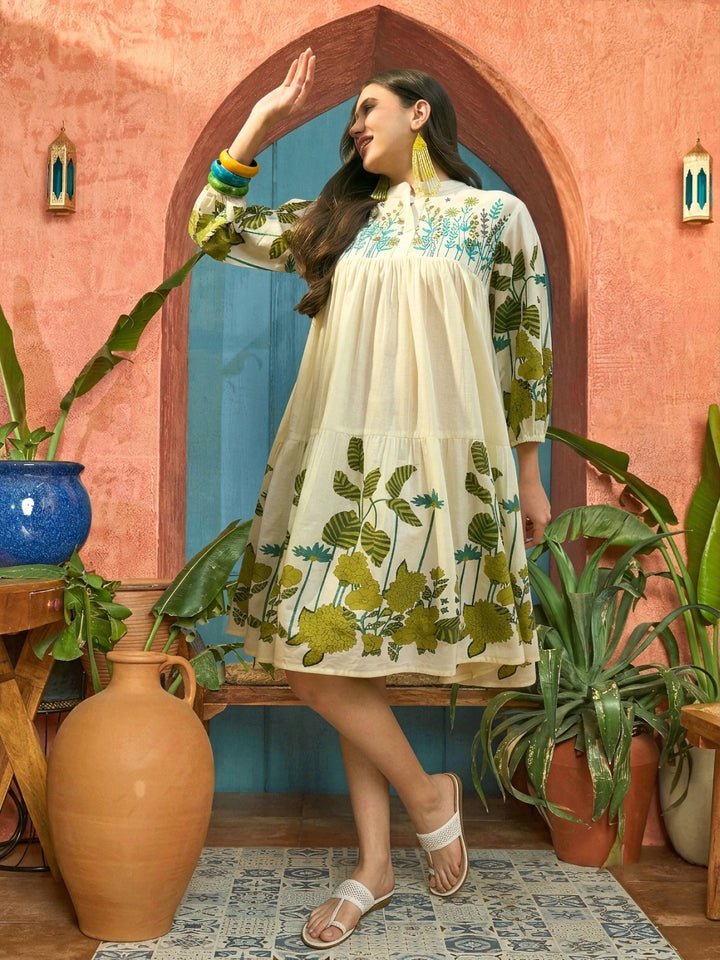 Green Solid Embroidered Rayon Tiered Dress