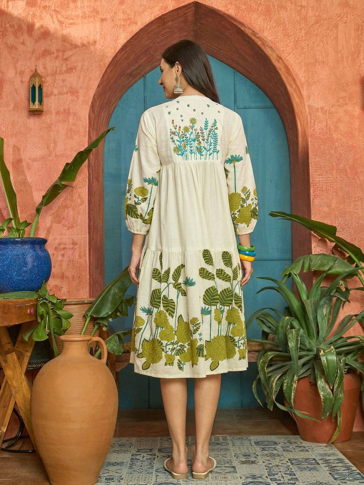 Green Solid Embroidered Rayon Tiered Dress