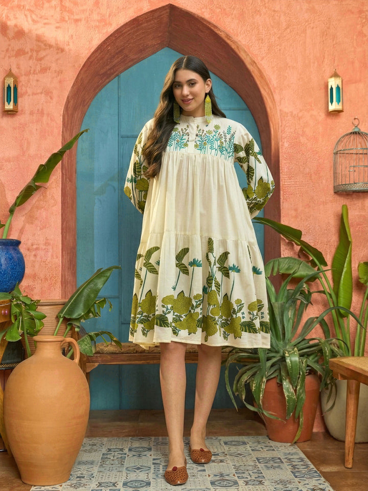 Green Solid Embroidered Rayon Tiered Dress