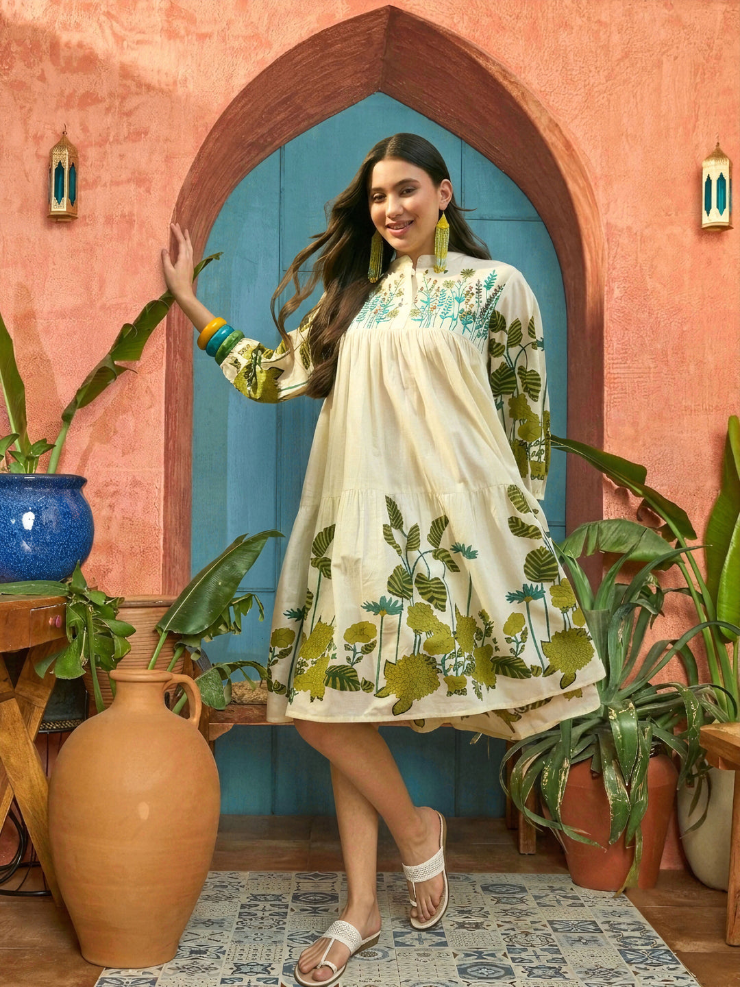 Green Solid Embroidered Rayon Tiered Dress
