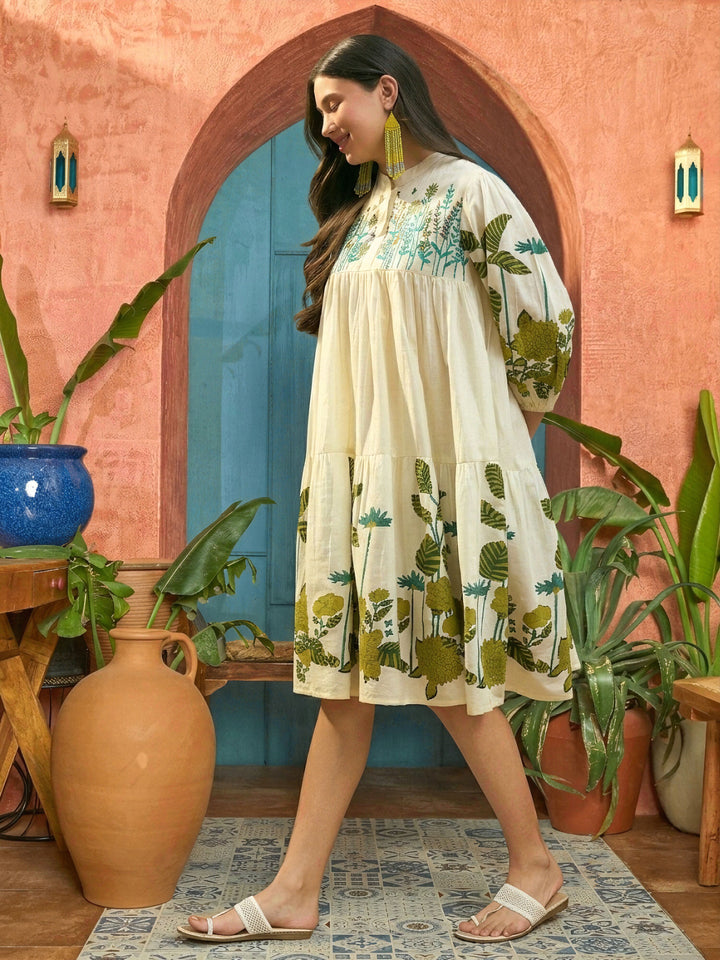 Green Solid Embroidered Rayon Tiered Dress