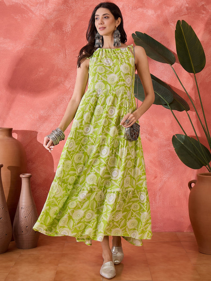 Green Floral Printed Rayon Strappy Tiered Dress