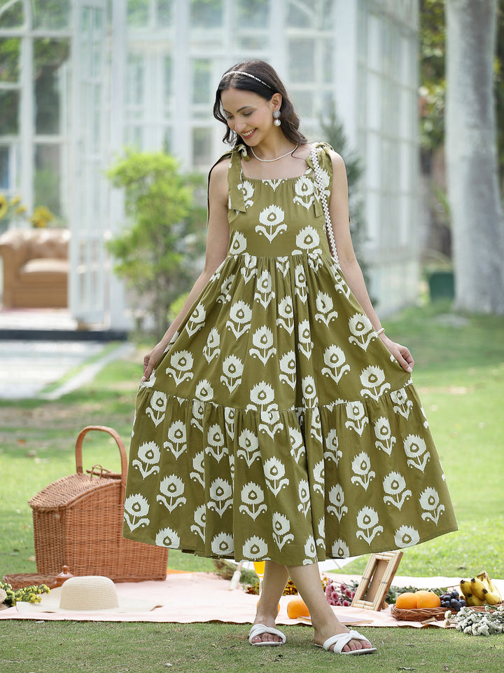 Olive Green Floral Printed Cotton A-Line Dress