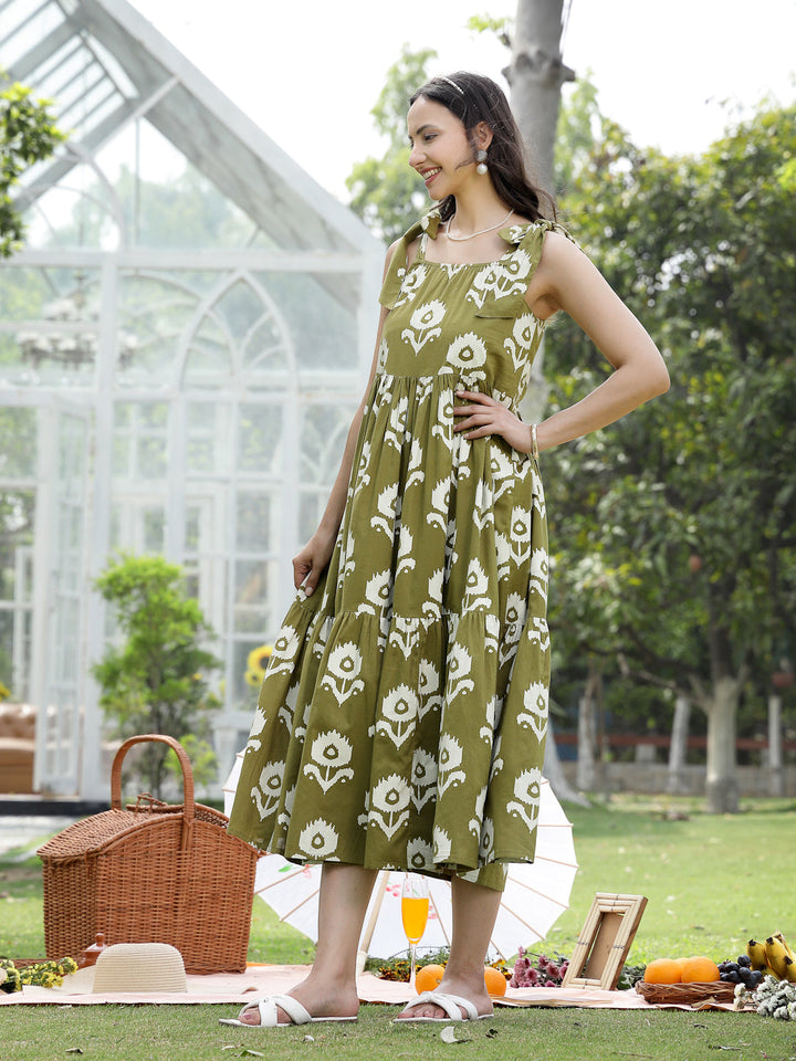 Olive Green Floral Printed Cotton A-Line Dress