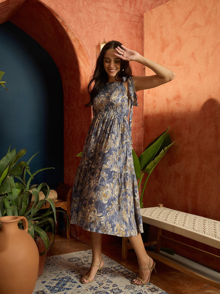 Grey Floral Printed Crepe Tiered Dress