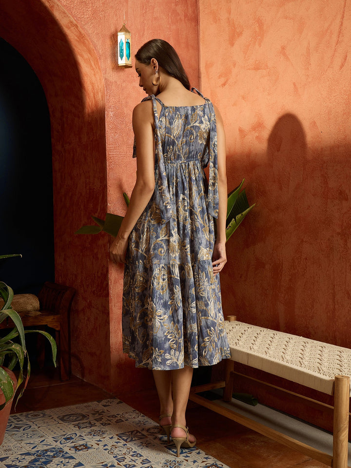 Grey Floral Printed Crepe Tiered Dress