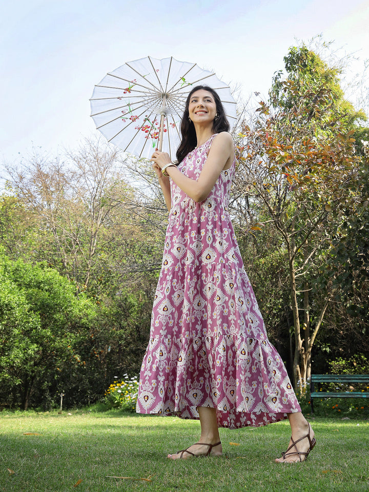 Lavender Ikat Printed Rayon Tiered Dress