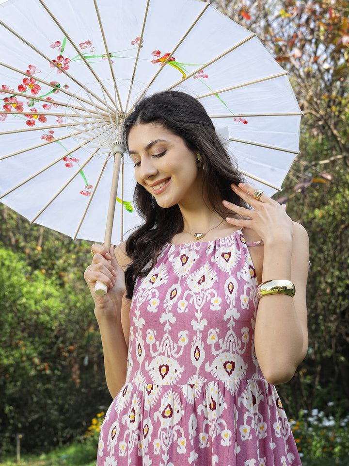 Lavender Ikat Printed Rayon Tiered Dress